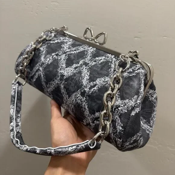Genuine Leather Denim Quilted Pattern, Handmade Unique Bow Kisslock Baguette Bag